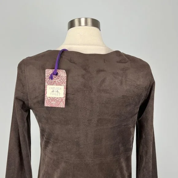Chelsea Violet Womens Brown Faux Suede Shift Dress Lace Up Bodice size Small - Picture 7 of 12